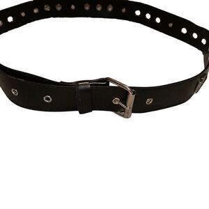 Single Pin Buckle Unisex Black Cross Grommet Faux Leather Belt